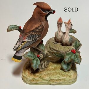 Andrea By Sadek Brown and Green Bird Figurine Cedar Waxwing. Ceramic statuette